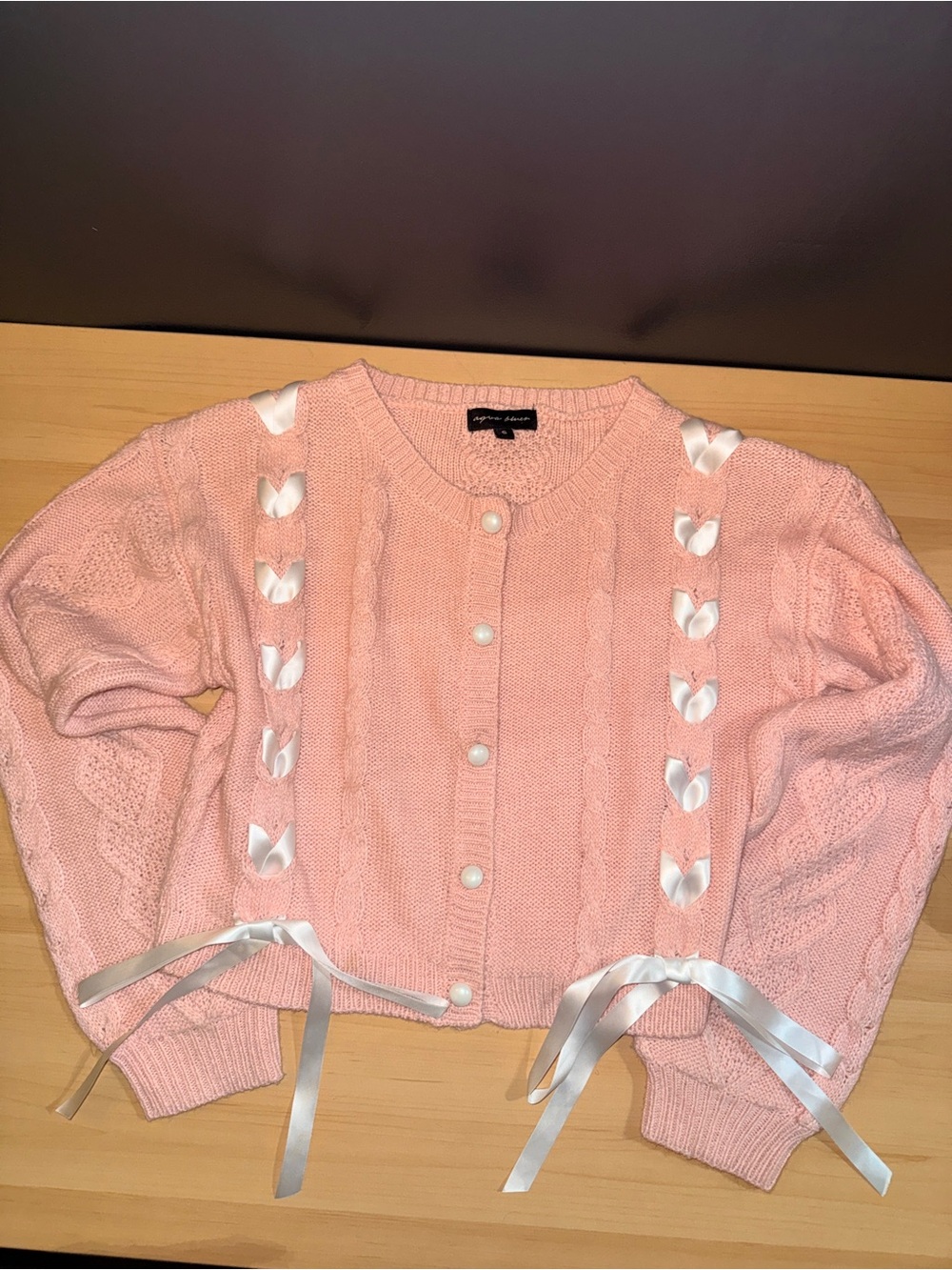 Sweetheart Pink Ribbon-Trim Cable Knit Cardigan